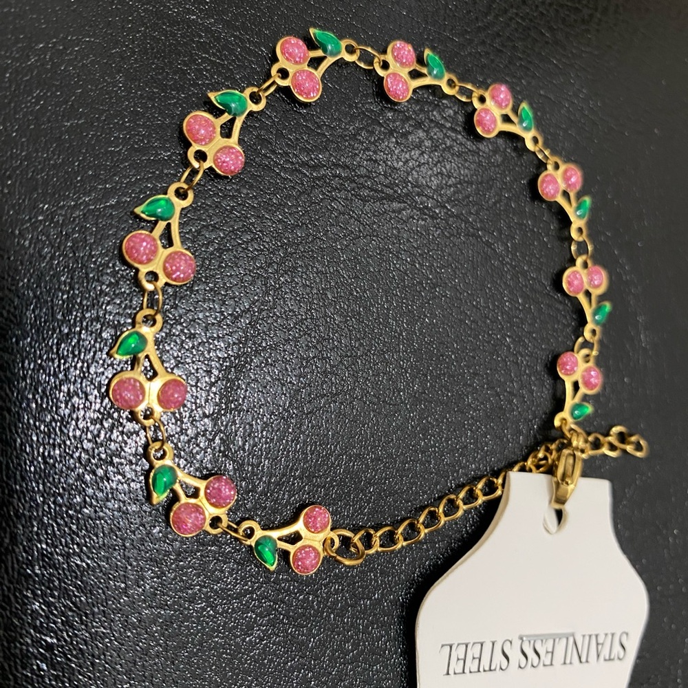 Gold and Pink Cherry Bracelet